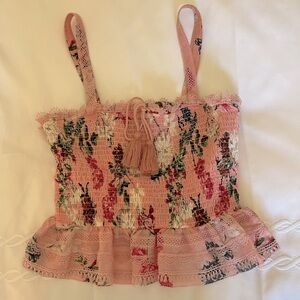 NICHOLAS LACE FRINGE FLORAL CROP TOP SILK COTTON BLEND